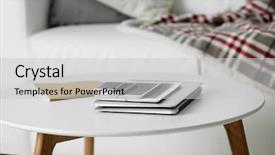  Presentation with electronic communication - Slide deck consisting of pile of electronic gadgets on the table communication and technology concept background and a light gray colored foreground