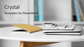  Presentation with electronic communication - Presentation featuring pile of electronic gadgets on the table communication and technology concept background and a light gray colored foreground