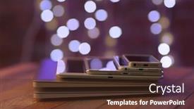  Presentation with electronic communication - Amazing PPT layouts having pile of electronic gadgets on the table communication and technology concept backdrop and a tawny brown colored foreground