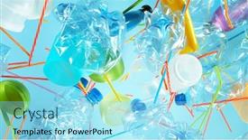  Presentation with pollution waste - Amazing PPT theme having pile-of-flying-empty-plastic backdrop and a arctic colored foreground