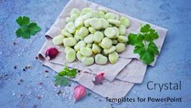  Presentation with broad - Cool new slide set with pile-of-fresh-broad-beans backdrop and a light blue colored foreground