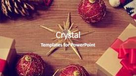  Presentation with gifts - Beautiful PPT theme featuring pile of gifts and christmas ornaments such as christmas balls and stars on a rustic wooden table backdrop and a coral colored foreground