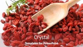  Presentation with goji - Beautiful theme featuring pile of healthy goji berries and woooden scoop - close up backdrop and a tawny brown colored foreground