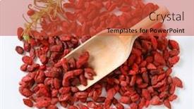  Presentation with goji - Theme with pile of healthy goji berries and woooden scoop on white background background and a red colored foreground