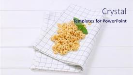  Presentation with cereal - PPT theme with pile of honey cereal rings on checkered dishtowel background and a sky blue colored foreground