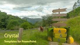  Presentation with directional - Presentation with pile of luggage with directional signs pointing everywhere in the middle of the countryside background and a tawny brown colored foreground