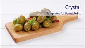  Presentation with cutting board - Beautiful presentation theme featuring pile-of-marinated-green-olives backdrop and a sky blue colored foreground