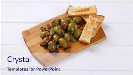  Presentation with cutting board - Audience pleasing slides consisting of pile of marinated green olives with toasts on wooden cutting board backdrop and a sky blue colored foreground