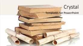  Presentation with old scroll - Amazing PPT theme having pile of old books backdrop and a coral colored foreground