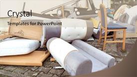  Presentation with 80s disco old audio cassette - Theme consisting of pile of old broken furniture background and a soft green colored foreground