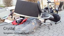  Presentation with 80s disco old audio cassette - Presentation with pile of old broken furniture background and a light gray colored foreground