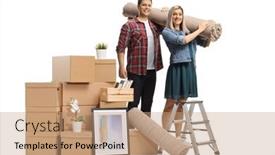  Presentation with carpet - Cool new PPT theme with pile-of-packed-cardboard-boxes backdrop and a coral colored foreground