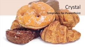  Presentation with donuts chocolate - Colorful PPT theme enhanced with pile of pastries such as croissants donuts and chocolate pie on a white background backdrop and a coral colored foreground
