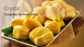  Presentation with jackfruit - Cool new PPT theme with pile-of-peeled-jackfruit backdrop and a coral colored foreground
