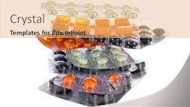  Presentation with pile - Presentation theme enhanced with pile of pills in blisters on white background isolated background and a yellow colored foreground