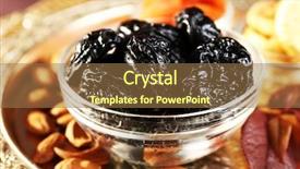  Presentation with grape - Presentation theme featuring pile of prunes in glass saucers with grape leaves closeup background and a coral colored foreground