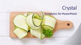  Presentation with wooden boat at sea edge - Colorful slide deck enhanced with pile of raw zucchini strips backdrop and a sky blue colored foreground