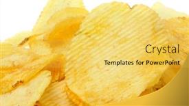  Presentation with potato chips - Beautiful presentation featuring pile of ruffled potato chips isolated on a white background backdrop and a yellow colored foreground