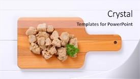  Presentation with cutting board - Slide deck enhanced with pile of soy meat cubes background and a sky blue colored foreground