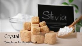  Presentation with sugar cubes - Colorful PPT layouts enhanced with stevia on white wooden background backdrop and a coral colored foreground