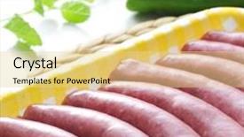  Presentation with sausages - Colorful presentation theme enhanced with pile-of-uncooked-sausages backdrop and a blonde colored foreground