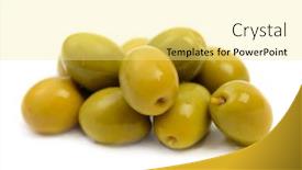  Presentation with rainy days season wet green - Colorful presentation theme enhanced with pile of wet green olives macro in brine drops isolated on white background backdrop and a blonde colored foreground