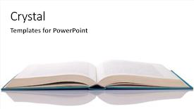  Presentation with open book - Audience pleasing theme consisting of piles books papers - open blue book with reflection backdrop and a white colored foreground