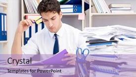  Presentation with piles - Colorful PPT theme enhanced with piles of books and papers backdrop and a light blue colored foreground