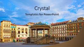  Presentation with pilgrim - Beautiful slide set featuring pilgrim - pamplona navarra in spain plaza backdrop and a light blue colored foreground