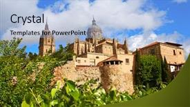  Presentation with pilgrim - Amazing PPT theme having pilgrim - salamanca cathedral facade in spain backdrop and a light blue colored foreground