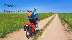  Presentation with bicycle - Presentation having pilgrimage - biker by camino de santiago background and a light blue colored foreground