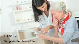  Presentation with asian doctor obese patient - Theme enhanced with pill box - doctor showing patient her medication background and a mint green colored foreground