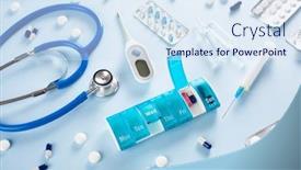  Presentation with medical virus - Slides enhanced with pill-box-stethoscope-syringe-capsule background and a sky blue colored foreground