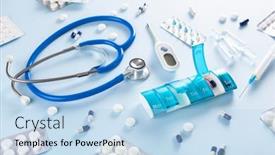  Presentation with flu virus - Amazing theme having pill-box-stethoscope-syringe-capsule backdrop and a light blue colored foreground