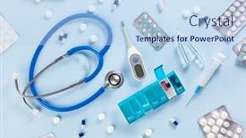  Presentation with medical virus - Presentation theme enhanced with pill-box-stethoscope-syringe-capsule background and a sky blue colored foreground