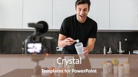  Presentation with food additives - PPT theme enhanced with pill camera - excited young man filming his background and a violet colored foreground