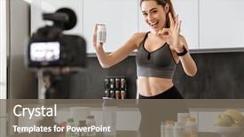  Presentation with food additives - Slides with pill camera - happy healthy young girl recording background and a gray colored foreground