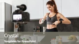  Presentation with food additives - Amazing slides having pill camera - happy healthy young girl recording backdrop and a gray colored foreground