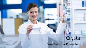  Presentation with pharmacy - Amazing PPT theme having pill camera - portrait of pharmacist checking medicine backdrop and a light blue colored foreground
