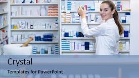  Presentation with pharmacy - Theme having pill camera - portrait of pharmacist checking background and a light blue colored foreground