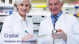  Presentation with prescription - Cool new PPT layouts with pill camera - portrait of pharmacists checking backdrop and a sky blue colored foreground