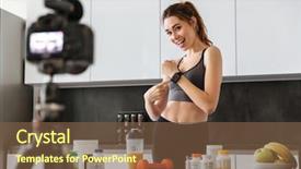  Presentation with food additives - Amazing slides having pill camera - smiling healthy young girl recording backdrop and a tawny brown colored foreground