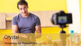  Presentation with food supplements - Cool new presentation with pill camera - young man blogging about food backdrop and a  colored foreground
