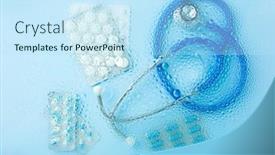  Presentation with tablet capsule - Amazing slide deck having pill-tablet-capsule-medicine-stethoscope backdrop and a sky blue colored foreground