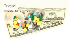  Presentation with pills money - Colorful slide set enhanced with pills and money isolated on white backdrop and a cream colored foreground