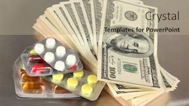  Presentation with pills money - Colorful presentation design enhanced with money on grey background backdrop and a mint green colored foreground