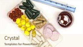  Presentation with drugs - Audience pleasing presentation consisting of pills in the box for drugs closeup with medicine with a syringe on white background backdrop and a cream colored foreground