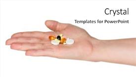  Presentation with pills - Cool new slides with pills in woman hand isolated backdrop and a white colored foreground