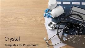  Presentation with record - Slides consisting of pills on wooden background background and a coral colored foreground