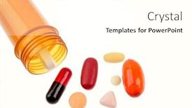  Presentation with spilling - Theme consisting of pills spilling from container on white background background and a white colored foreground